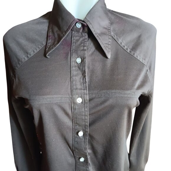 Medium Vintage 1970s Disco Top Chocolate Brown Button-Up Hippy Mom Shirt Collar - Picture 2 of 6